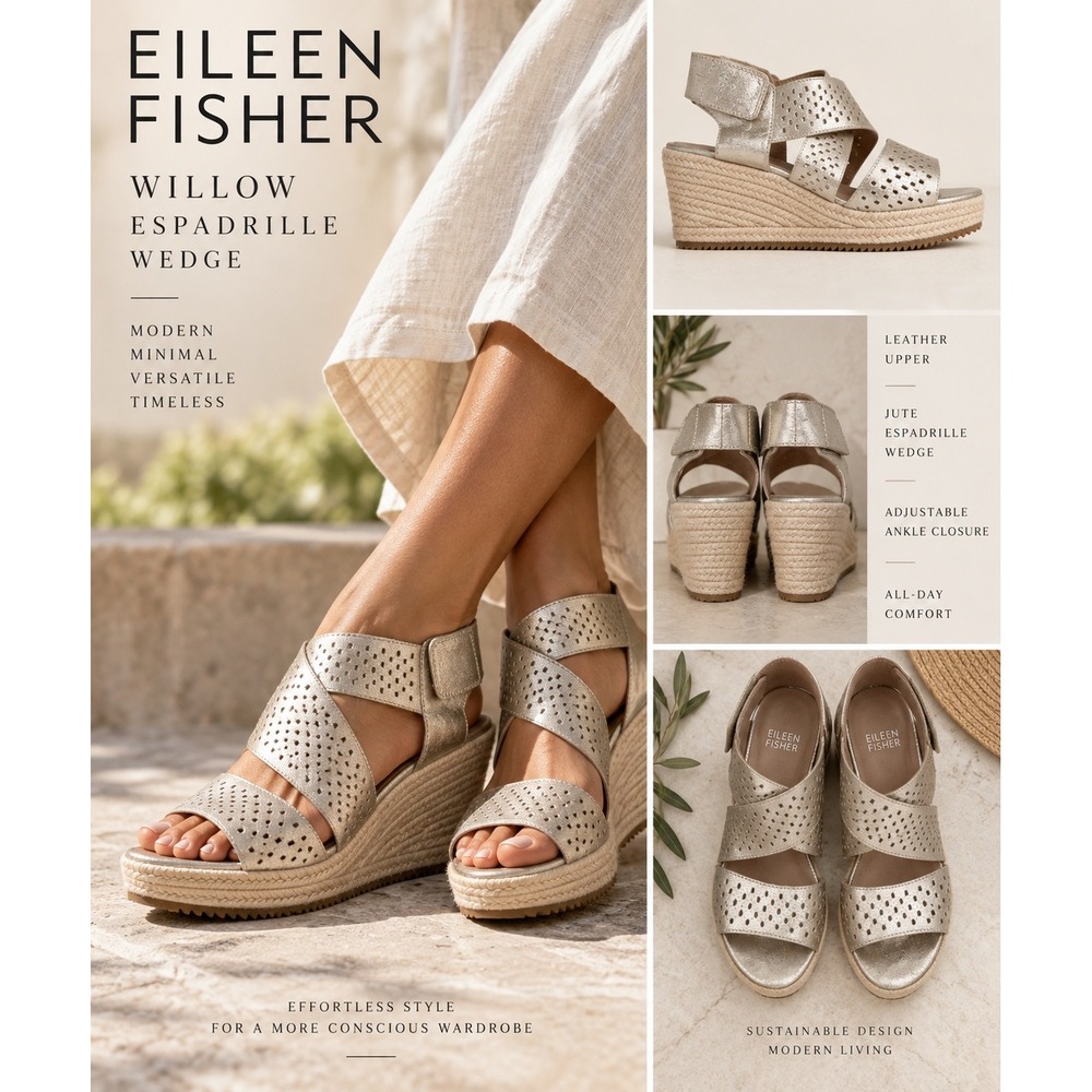 Eileen Fisher Willow Metallic Leather Espadrille Wedge Sandals Size 7